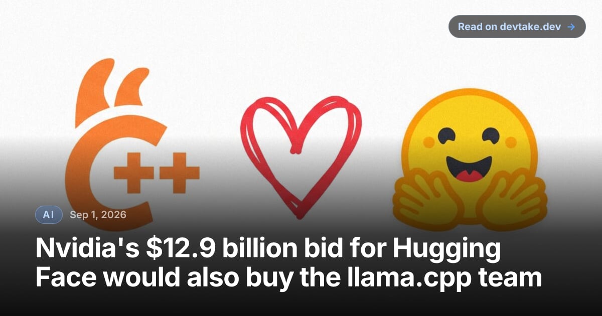 Hugging Face's announcement graphic for the ggml team joining the company: the orange ggml C++ logo, a hand-drawn red heart, and the yellow Hugging Face emoji with open hands, on an off-white background