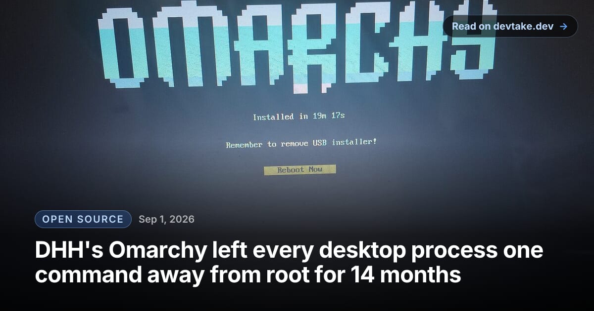 A photo of a monitor showing Omarchy's installer completion screen: a pixel-art OMARCHY wordmark above the line Installed in 19m 17s and a Reboot Now button.