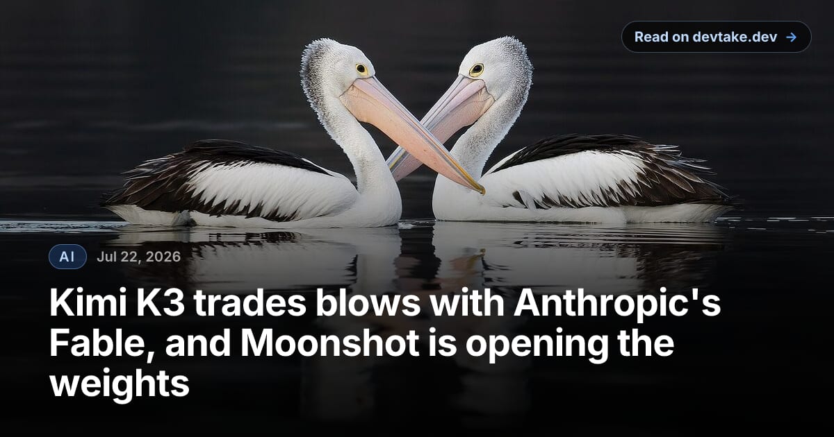 Two pelicans face each other with crossed beaks on dark water, mirrored in the surface, a nod to the informal 'pelican on a bicycle' LLM benchmark