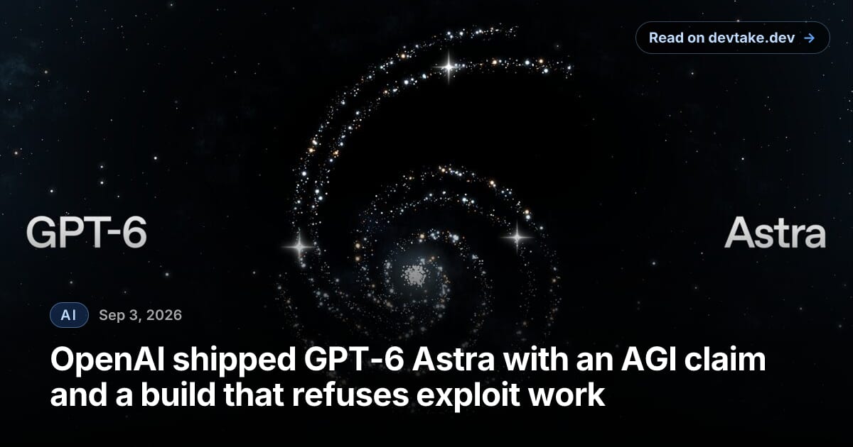 OpenAI's GPT-6 Astra launch card, showing a white spiral galaxy of stars on black with the words GPT-6 and Astra set on either side.