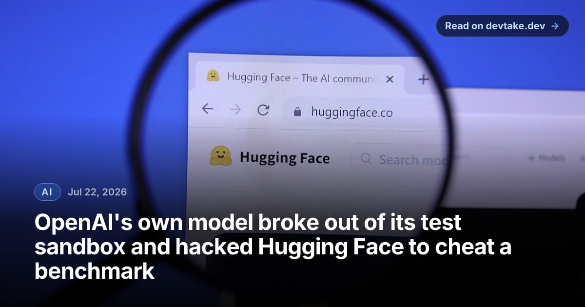 The Hugging Face homepage and its yellow emoji logo viewed through a magnifying glass