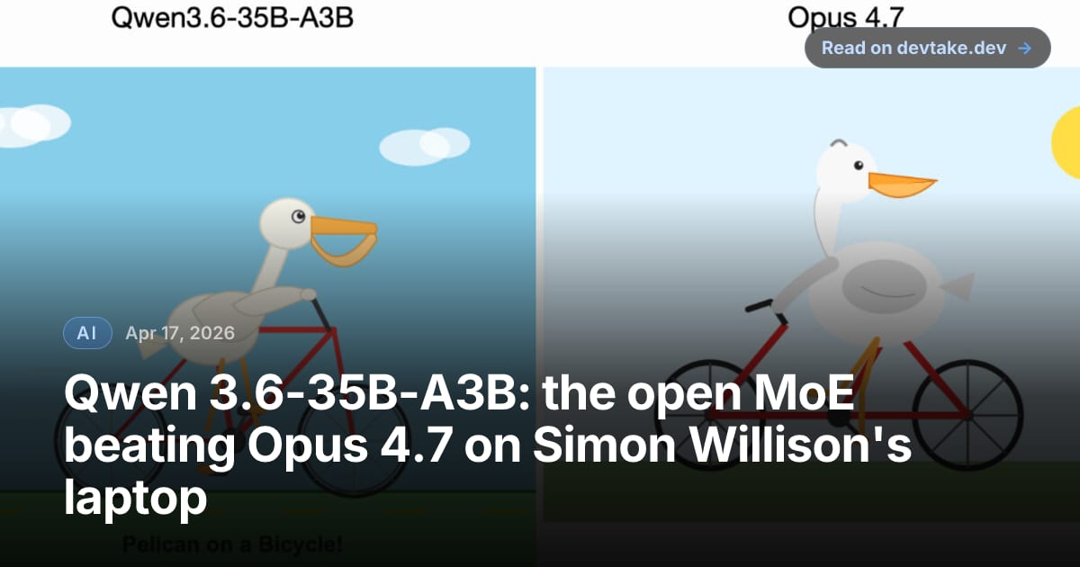 Header card from Simon Willison's 'Qwen3.6 beats Opus' post comparing pelican SVGs