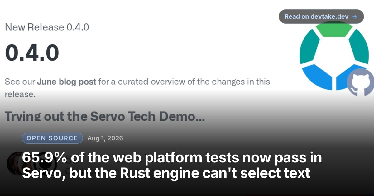 GitHub release card for servo/servo version 0.4.0, showing the multicolour Servo hexagon logo and a note pointing to the project's June blog post