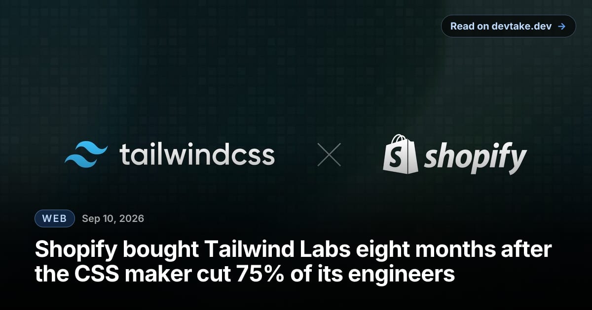 The announcement card from the Tailwind CSS blog: the lowercase tailwindcss wordmark with its blue double-wave logo, a small x, and the Shopify wordmark with its white shopping-bag logo, on a dark teal pixel-grid background.