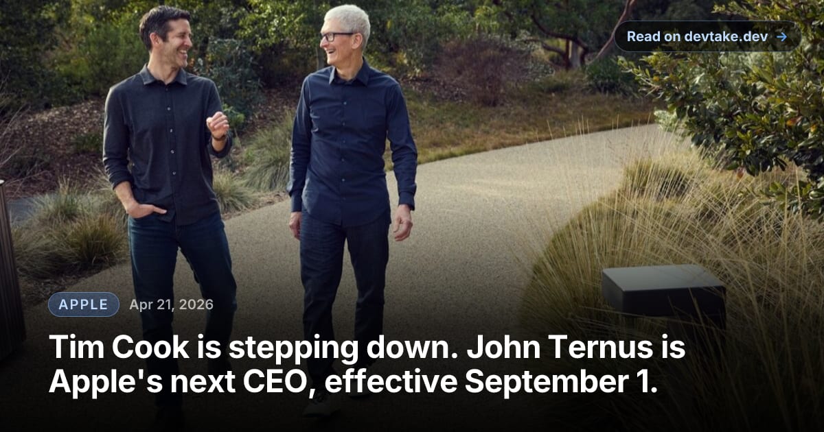 Tim Cook and John Ternus on stage at Apple Park.