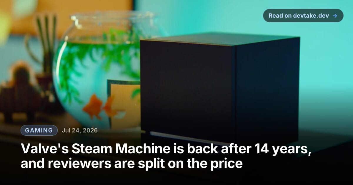 Valve's Steam Machine, a small black cube console, sits on a wooden cabinet beside a fishbowl in a living room.