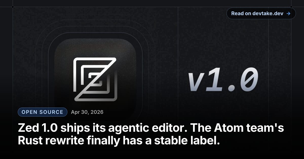 The Zed 1.0 launch graphic in dark mode with the Zed wordmark and a stylized cursor.